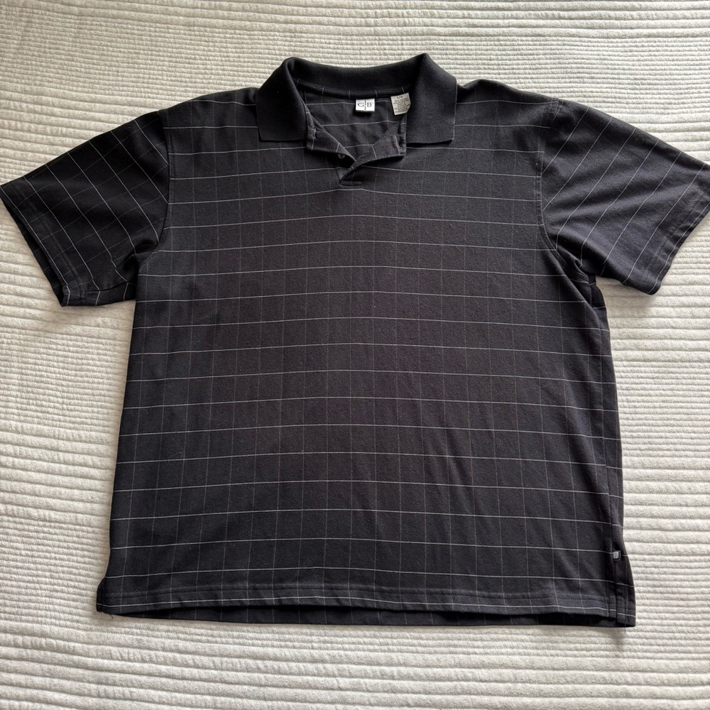 Sz L - Geoffrey Beene Collared Shirt Black w/ White+Gold Stripes